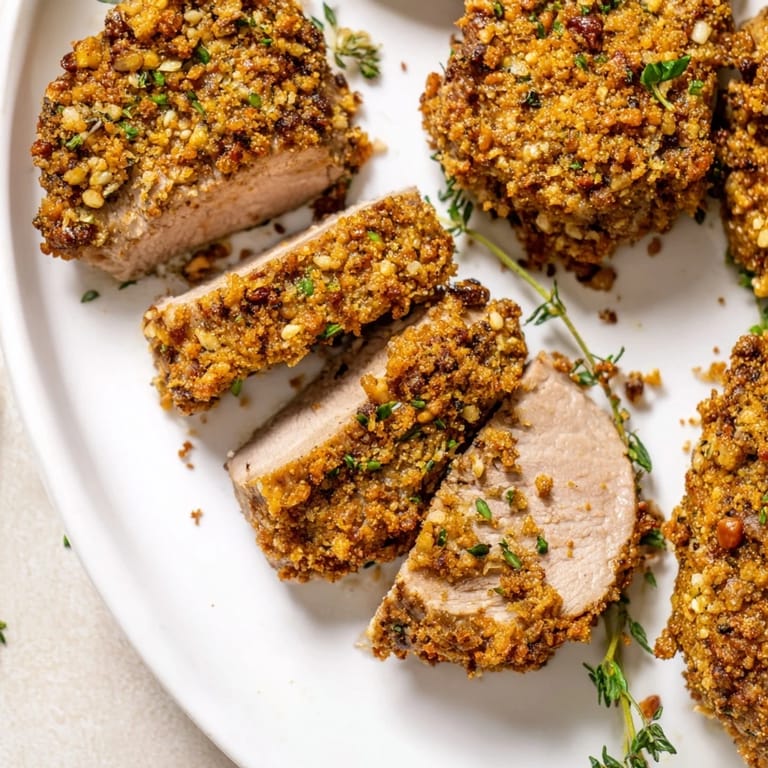 Enjoy a close-up of a beautifully seared Thyme and Pecan Crusted Pork Tenderloin medallion, a delicious main course.