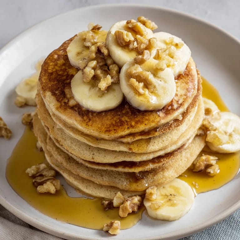 Indulge in these delicious golden-brunch banana pancakes; warm, airy, with fresh banana slices and syrup.