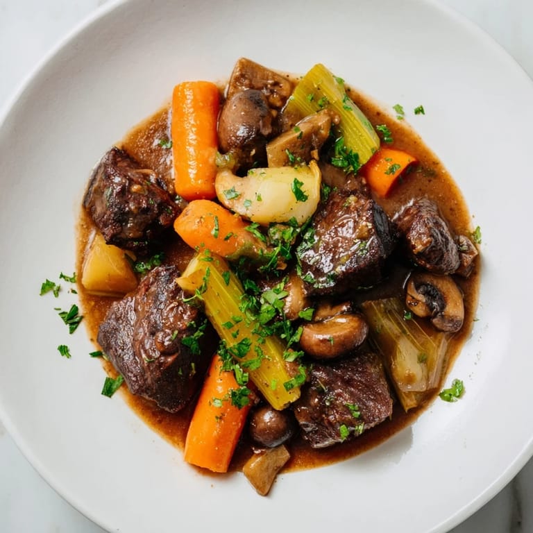 Close-up of Earthy Beef Stew, rich and savory, served with a crispy slice of homemade bread.