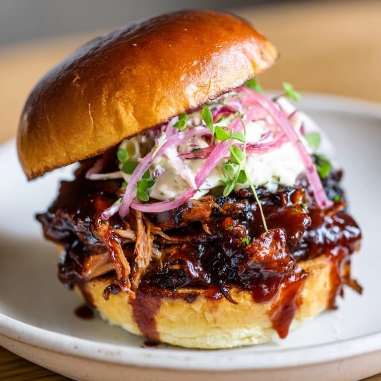 Hearty fire-kissed BBQ pulled pork sandwiches, with fresh herbs and onions, ready to be enjoyed.