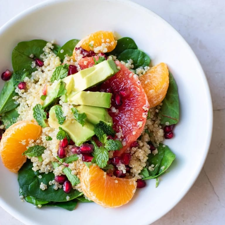 Perfectly plated Fresh Citrus & Avocado Quinoa Bowl, displaying the zesty citrus and fluffy quinoa.