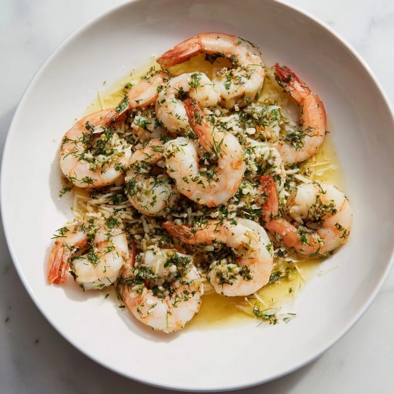 A bowl of Light & Bright Lemon Herb Shrimp Scampi, with perfectly cooked shrimp and bright sauce.