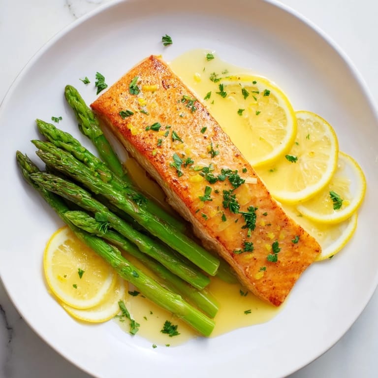 Flavorful Skillet Lemon-Butter Salmon with garlic, lemon, and asparagus, a simple yet elegant meal.