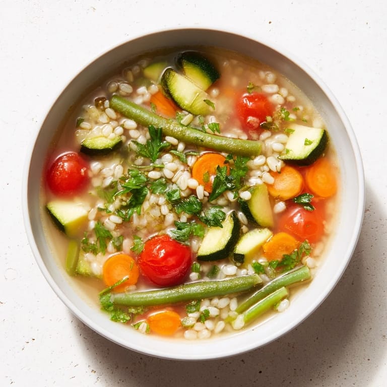 Savory Simple Homemade Grain and Vegetable Soup, aromatic and filling, perfect for a cozy, healthy dinner.