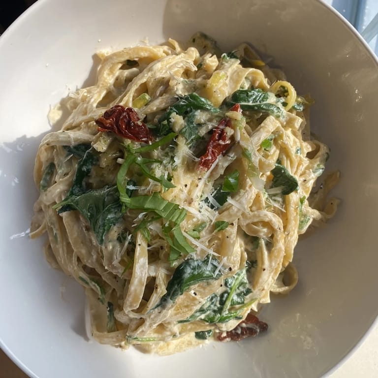 A bowlful of One-Pot Creamy Tuscan Garlic Herb Pasta, tempting with parmesan and fresh herbs, ready to enjoy.