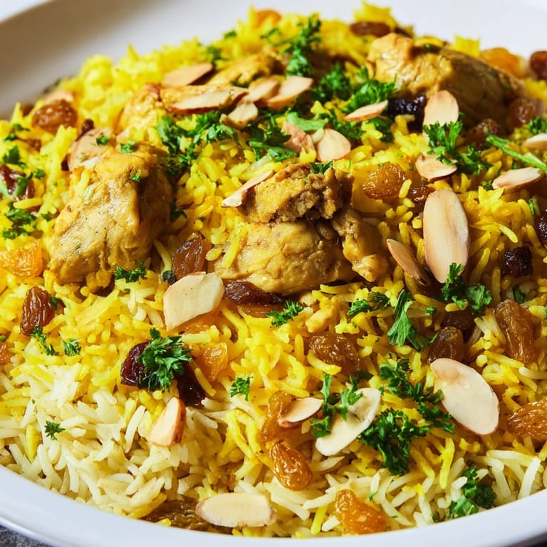 Savory saffron chicken and rice pilaf, fluffy rice and glistening chicken, ready for a comforting dinner.