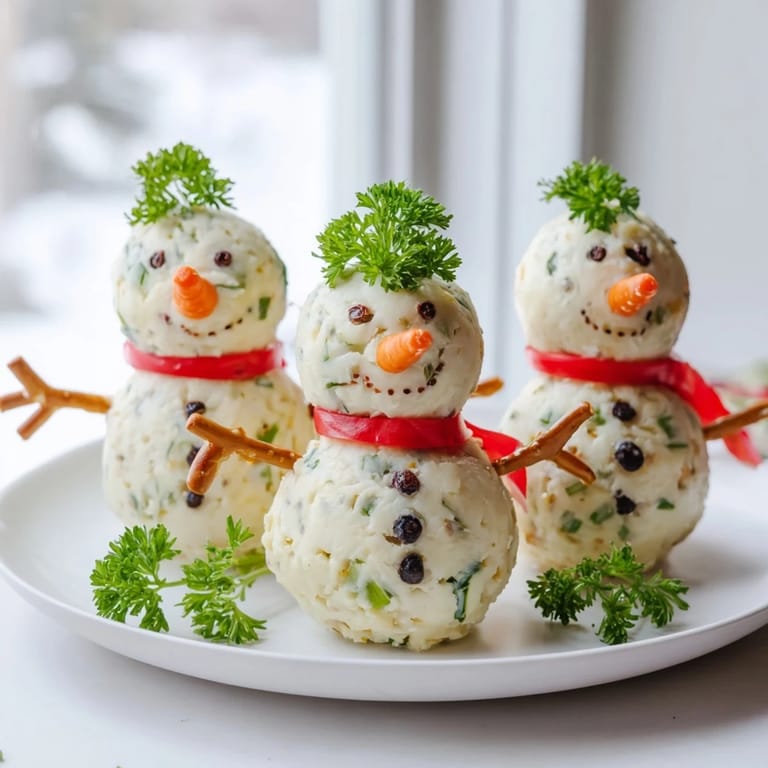 Three whimsical snowman cheese balls, decorated with pepper eyes, carrot noses, and pretzel arms for a fun look.