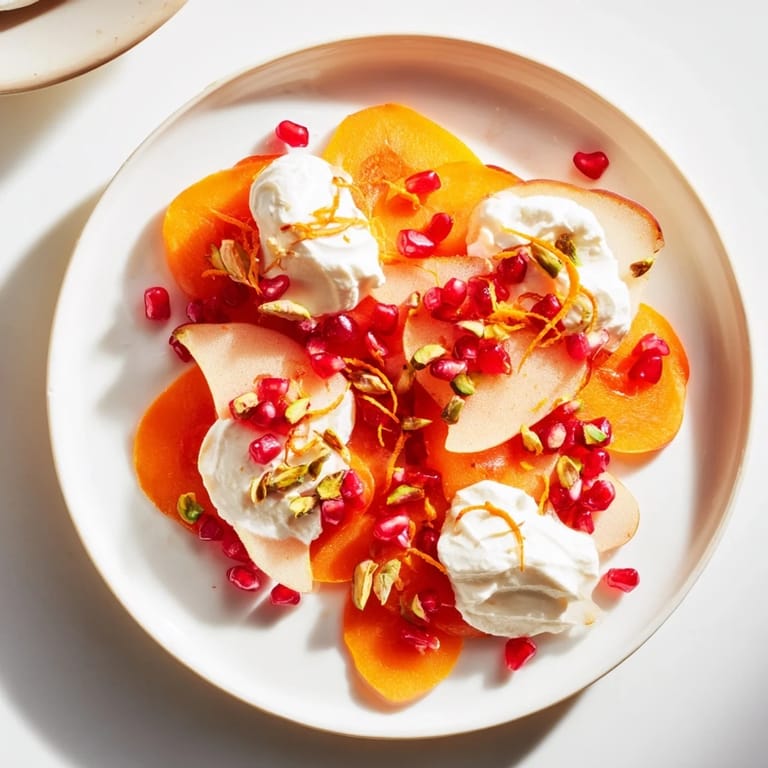 Enjoy this vibrant persimmon and pear snowscape, a refreshing winter dessert garnished with pistachios and zest.