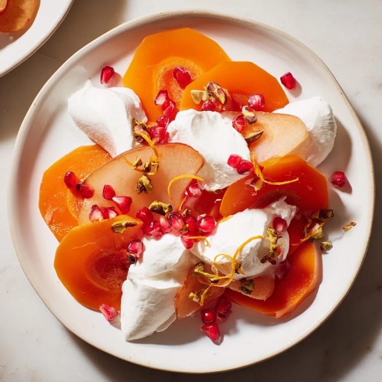 This persimmon and pear snowscape showcases sliced fruit draped in fluffy cream, ready to serve and enjoy.
