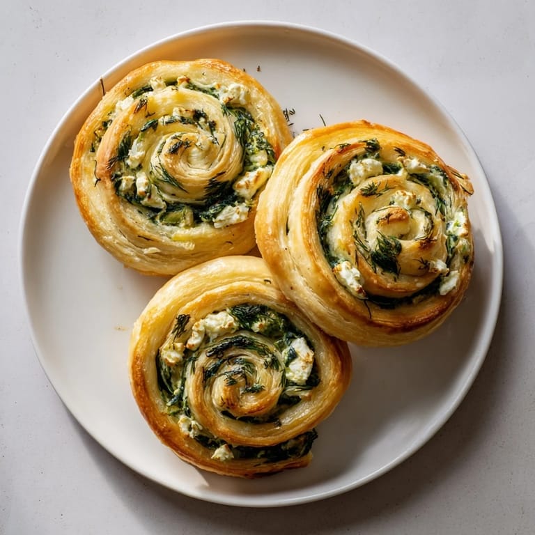 Crispy-edged Savory Spinach Feta Pinwheels reveal a creamy, herb-flecked filling, ideal for an appetizer.