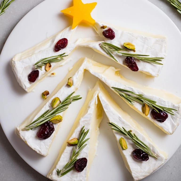 Close-up of a delightful Brie Triangle Cheese Tree, perfect as a vegetarian appetizer with beautiful garnishes.