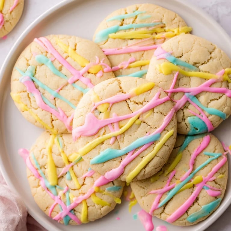 Sweet sugar cookies iced with a smooth, vanilla drizzle; a classic American dessert.
