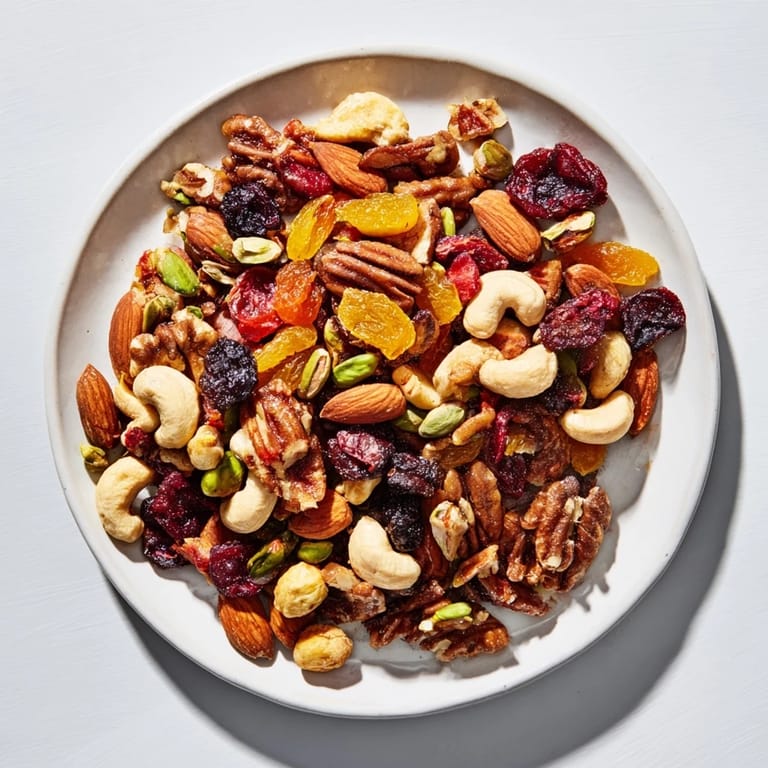 Close-up of the easy party assorted nuts and dried fruit, showing a vibrant, mixed, healthy snack option.