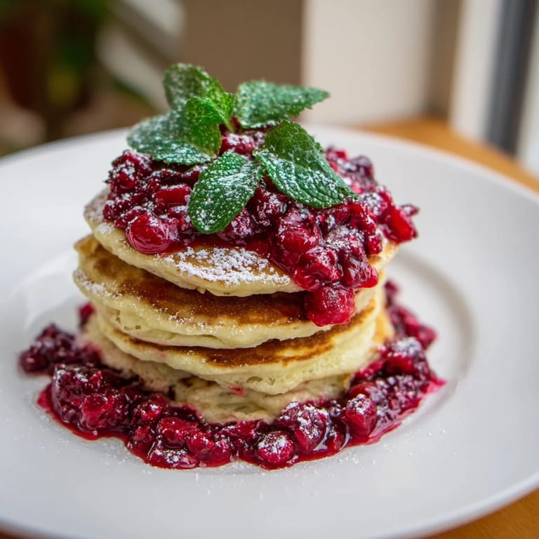 Delicious, golden-brown Brunch Board: Pancake Stack, with berry holly compote, perfect for a festive brunch.