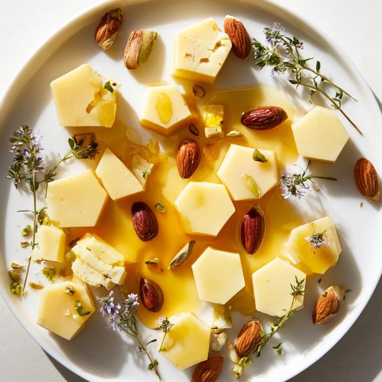 Vibrant cheese and nut arrangement: Enjoy this delicious honeycomb hexagon maze appetizer, ready in minutes.