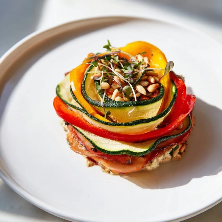 A close-up view of The Snail Shell Spiral, showcasing the beautifully layered vegetables with toasted pine nuts.