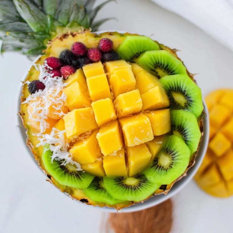 Close-up of a beautifully arranged Tropical Pineapple Paradise, perfect for a fresh, healthy, summer dessert.