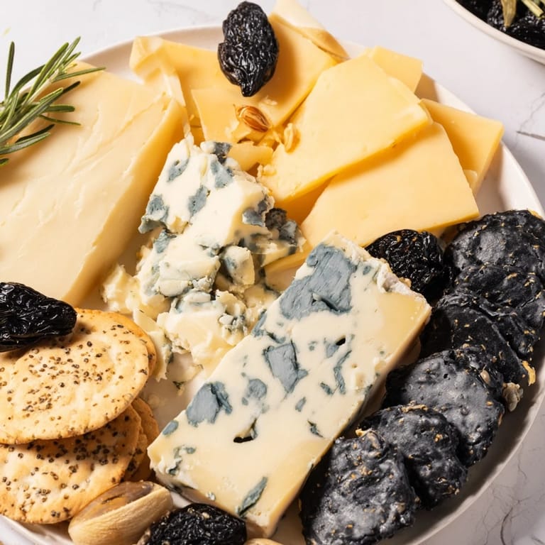 This Crescent Moon & Stars Cheese Board boasts an artistic arrangement of cheeses, grapes, and star-shaped gouda for guests.