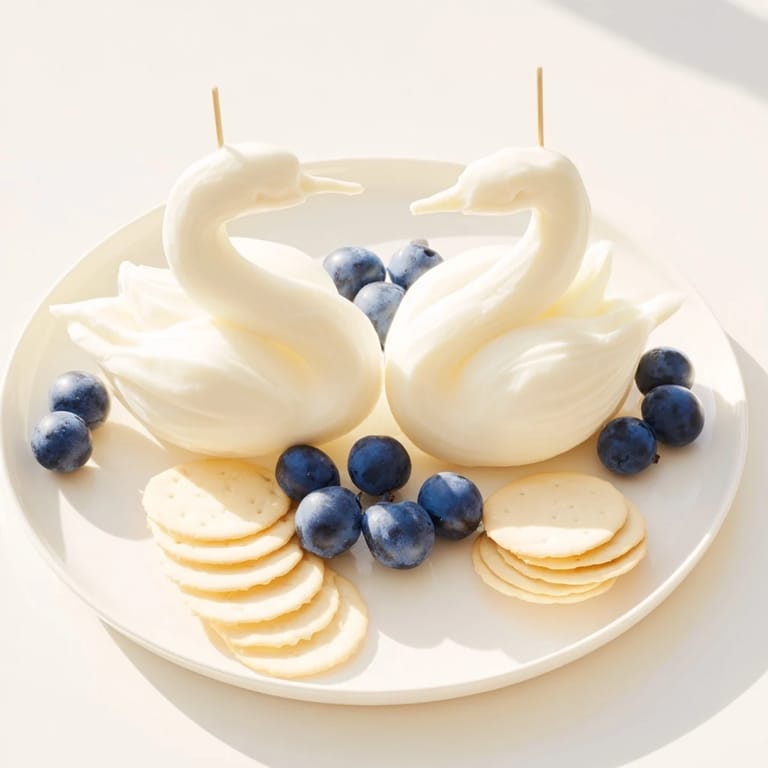 A beautiful overhead shot of an Elegant Swan Lake Board with appealing crackers and fruit accents.