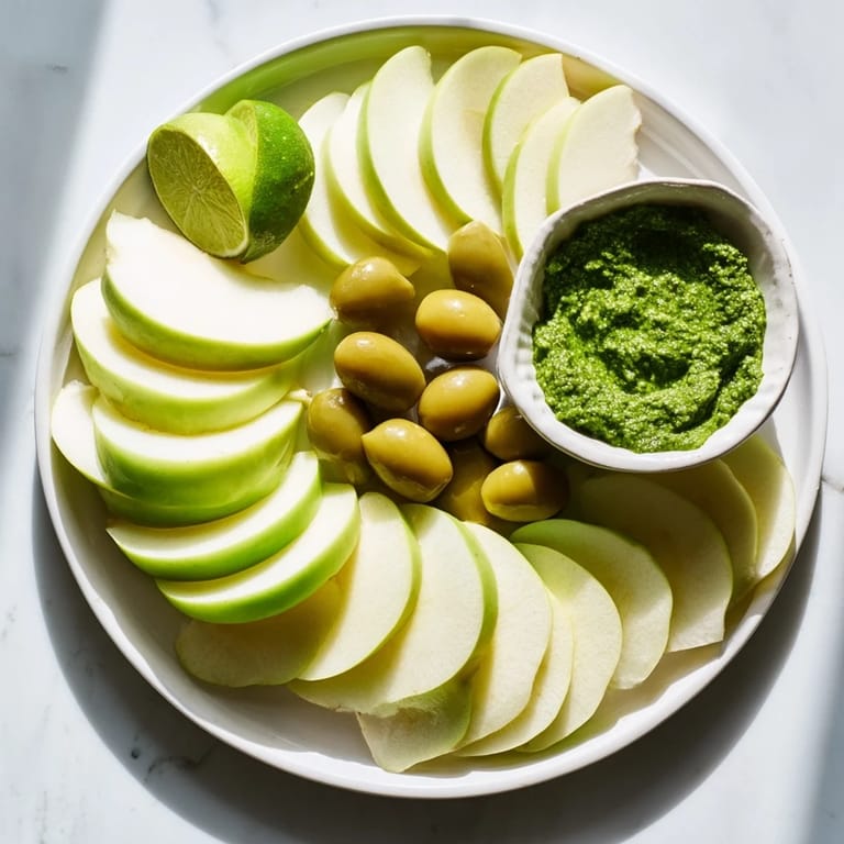 Prepare for an easy Emerald City snack: Granny Smith apples with green olives and fresh pesto, ready to serve.