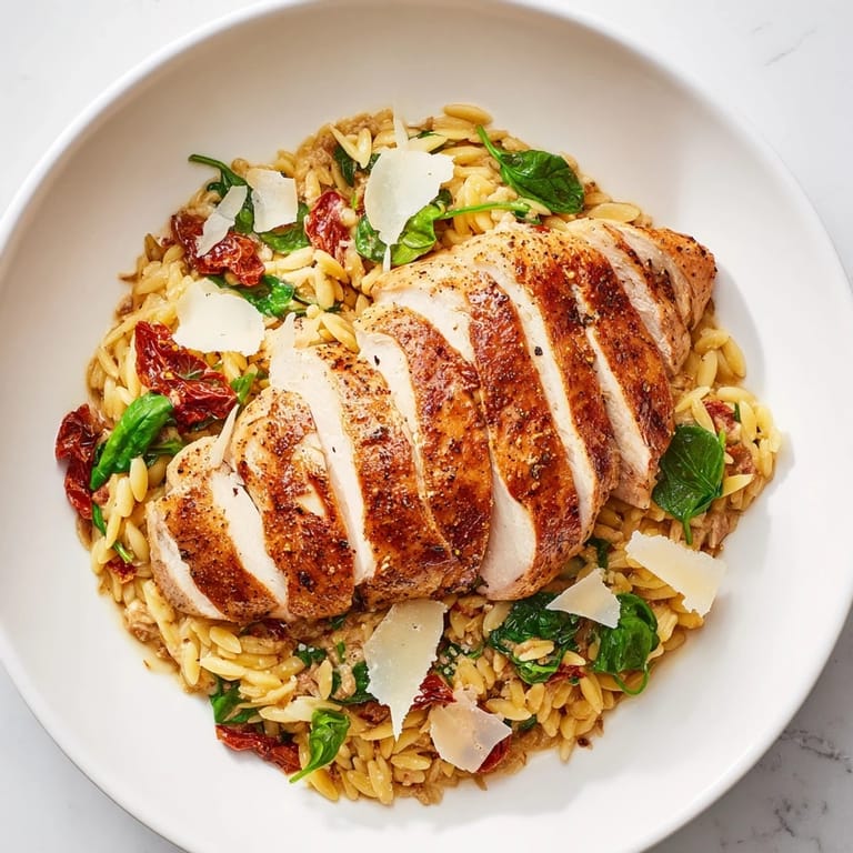 A top-down view of Marry Me Chicken Orzo reveals a delicious, one-pot comfort meal.