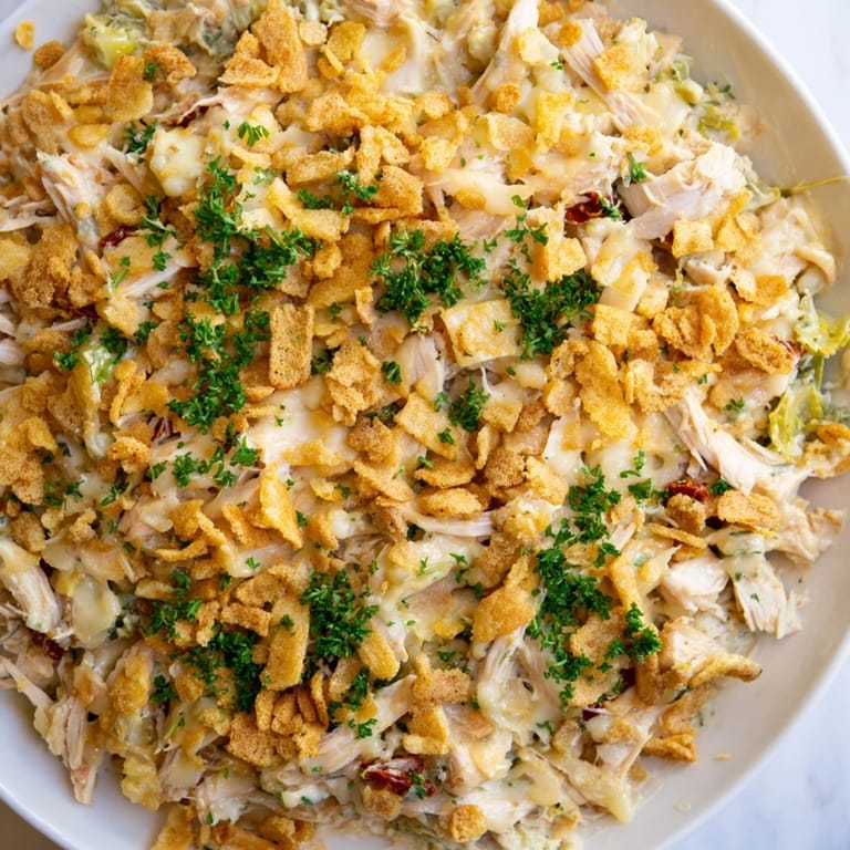 A close-up of a skillet filled with the savory and rich Marry Me Chicken Casserole with visible sun-dried tomatoes.
