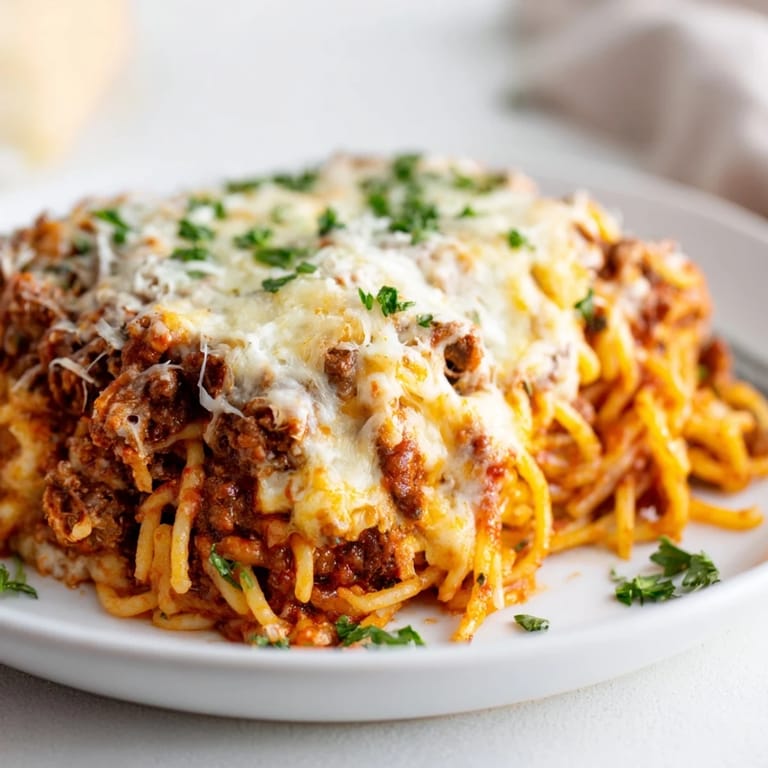 Rich, bubbling Tini's Baked Spaghetti, showcasing layers of pasta, meat sauce, and melted cheese, perfect for dinner.