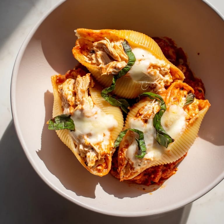 A close-up of cheesy, saucy Marry Me Chicken Stuffed Shells, showing the creamy filling inside each shell.