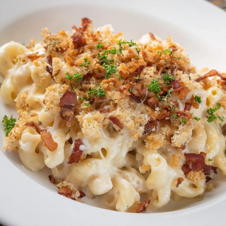 A comforting photo shows Tinis Mac and Cheese with Bacon, golden and bubbly after baking with bacon crumbles.