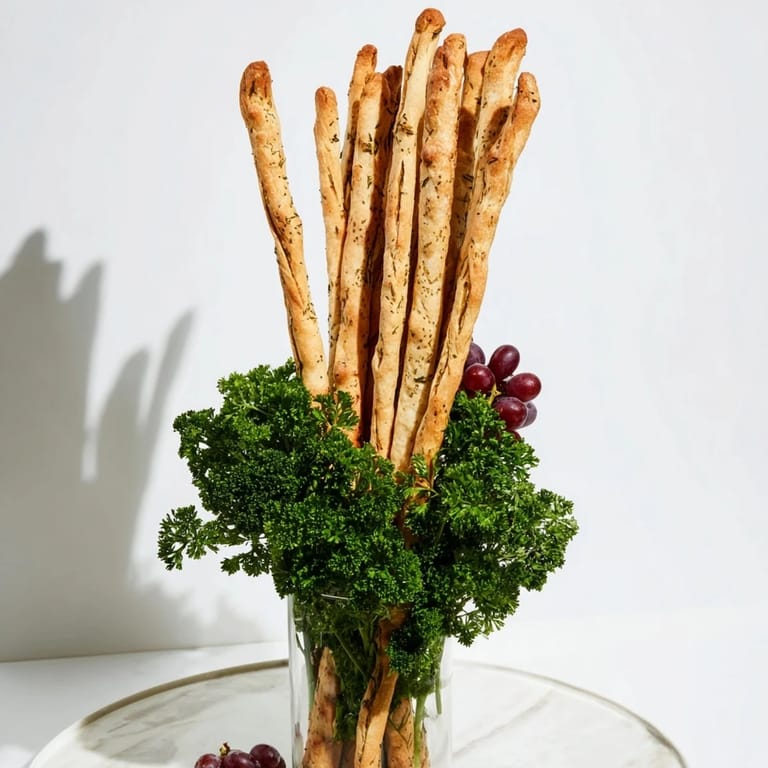 An artistic display of The Vertical Forest features breadsticks arranged like trees amid fresh grapes and parsley.