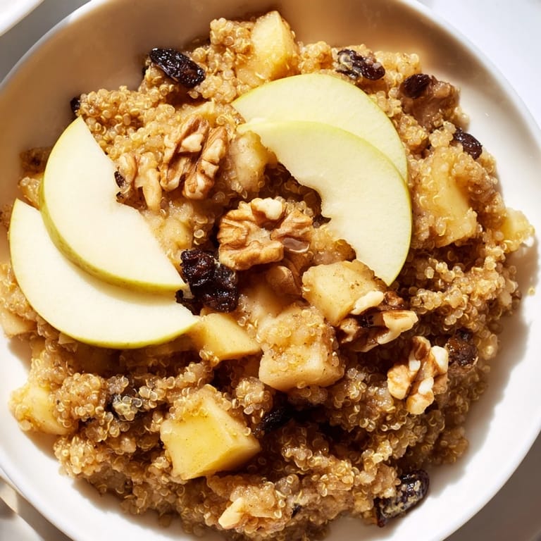 Warm, creamy Apple Cinnamon Quinoa Bowl with diced apples and cinnamon, ready to eat with a drizzle of maple syrup.