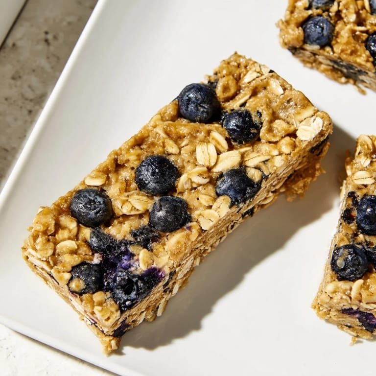 A close-up of a blueberry-studded, chewy Blueberry Banana Oatmeal Protein Bar; a delicious and nutritious treat.
