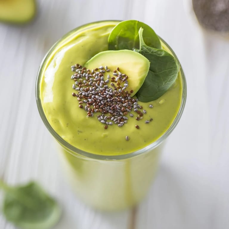 Pouring the creamy Spinach Avocado Smoothie, thick and refreshing, into a tall glass ready to serve.