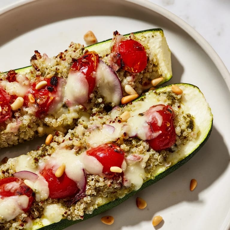 Golden-brown, bubbly Cheesy Pesto Zucchini Boats are baked to perfection, a stunning vegetarian main course with summer flavors.