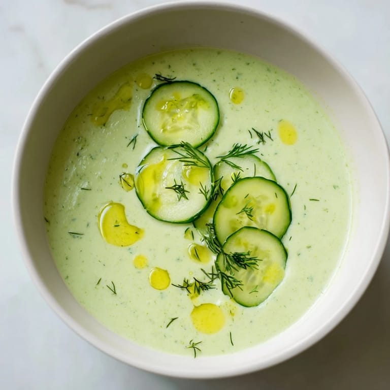 A vibrant bowl of chilled Cucumber Garlic Soup, a refreshing cold summer meal starter.