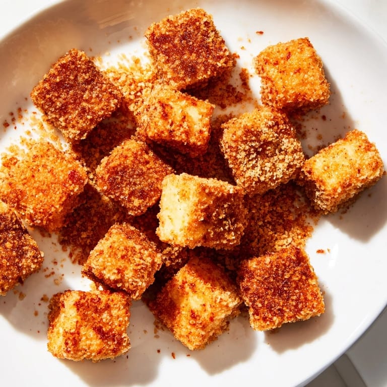 Crunchy, golden-brown crispy tofu nuggets ready to eat, served with a delicious dipping sauce.