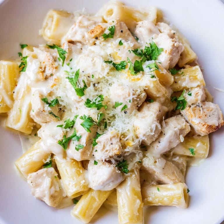A close-up of a creamy Chicken Alfredo Bake, featuring melted cheese and tender chicken pieces.