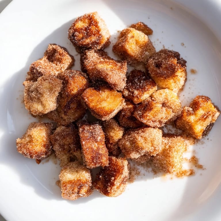 Miniature French toast cereal, a delicious breakfast, with golden-brown cubes and cinnamon-sugar coating.
