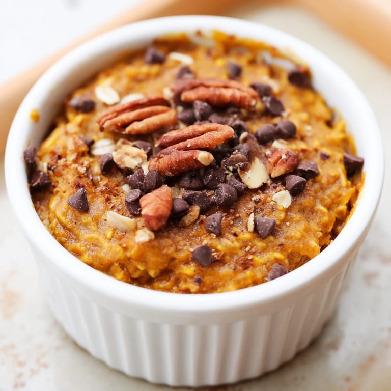 A steaming bowl of pumpkin spice baked oats, with a light cake-like texture, ready to serve warm.