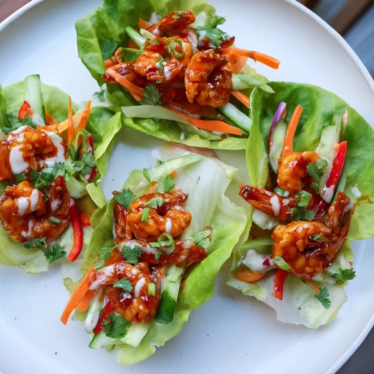 A close-up of appealing shrimp lettuce cups filled with vibrant ingredients, ready to eat.