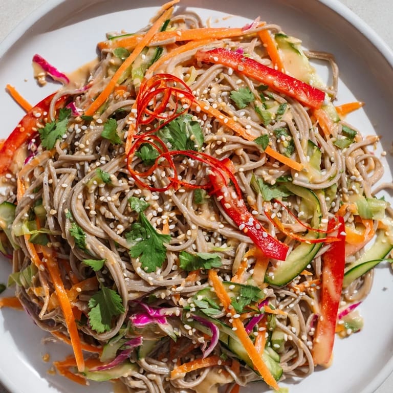 Chilled buckwheat soba noodle salad with a creamy peanut dressing, garnished with sesame seeds and cilantro.