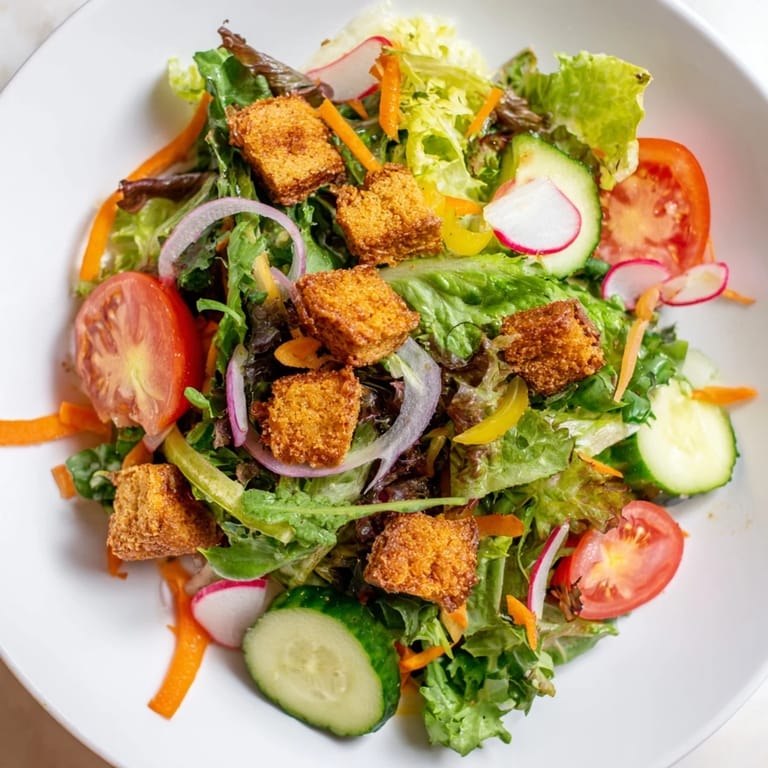 Golden, crunchy chickpea croutons top this flavorful Mixed Greens Salad offering a delightful texture contrast.