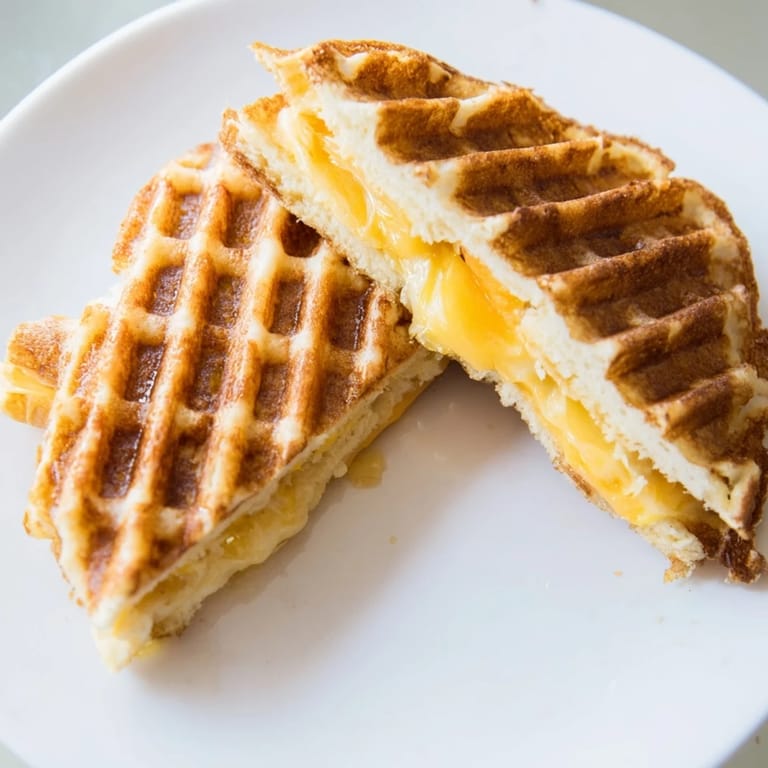 Melted cheese spills from this perfectly pressed Waffle Grilled Cheese, served hot and ready to enjoy.