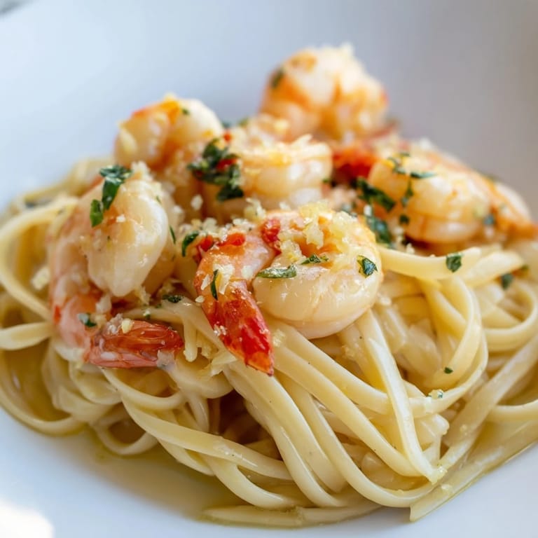 Golden-brown shrimp nestle in a bowl of flavorful Lemon Herb Pasta, a delightful seafood dinner.