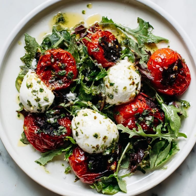 Close-up of a vibrant Charred Tomato Salad, showcasing blistered tomatoes and fresh basil.