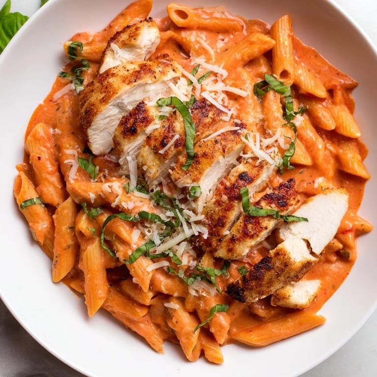 A close-up of creamy tomato basil chicken pasta, showcasing tender chicken and vibrant basil garnish.