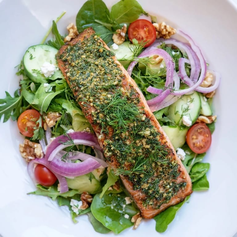 A delicious, close-up view of warm herb-crusted salmon on a bed of fresh mixed greens.