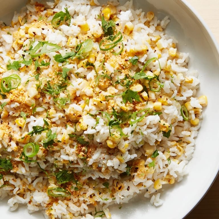 Freshly made Mexican Street Corn Rice, a flavorful vegetarian side dish with cotija cheese.