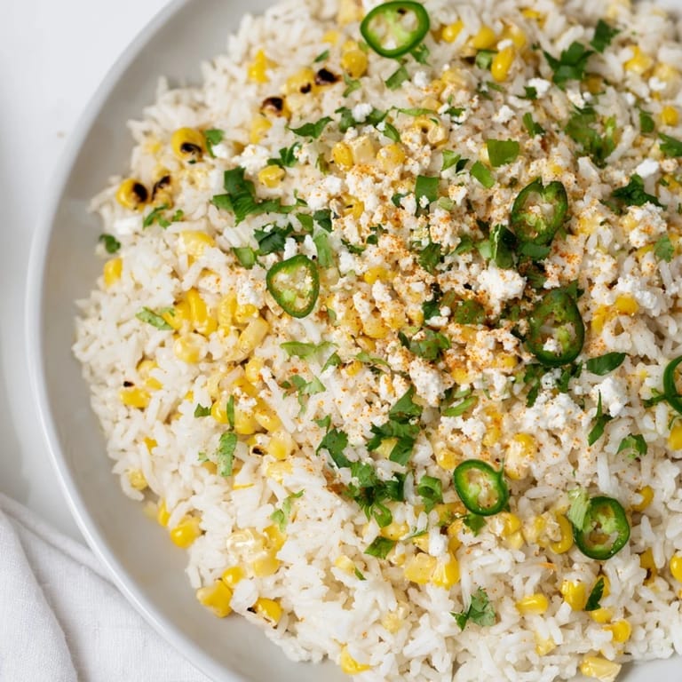 Warm bowl of Mexican Street Corn Rice, featuring charred corn and creamy cotija, delicious!