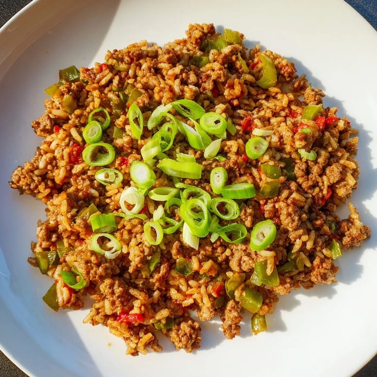 Rustic table setting includes a delicious bowl of Cajun Dirty Rice, fragrant and full of comforting Southern flavors.